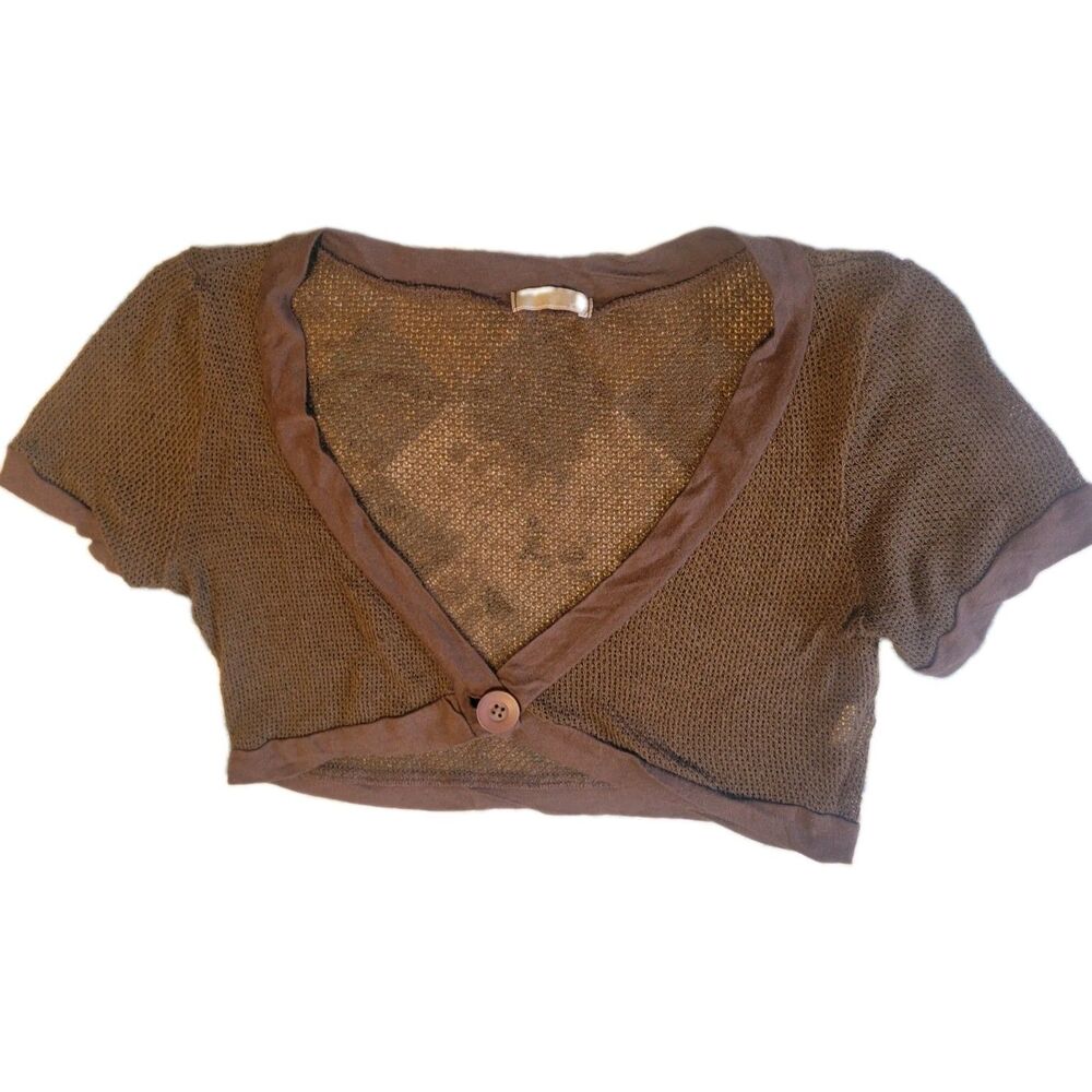 Y2K XXI Forever 21 Brown Crop Sheer Knit Mesh Cardigan Bolero Baby Tee Top Med.